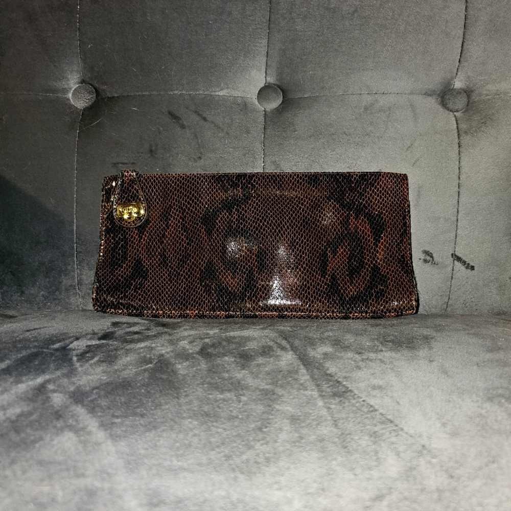 KATE LANDRY Neutral Brown And Black  Snake Embossed Leather Clutch Purse